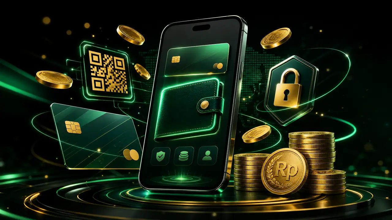 Dompet digital dan koin rupiah di ponsel