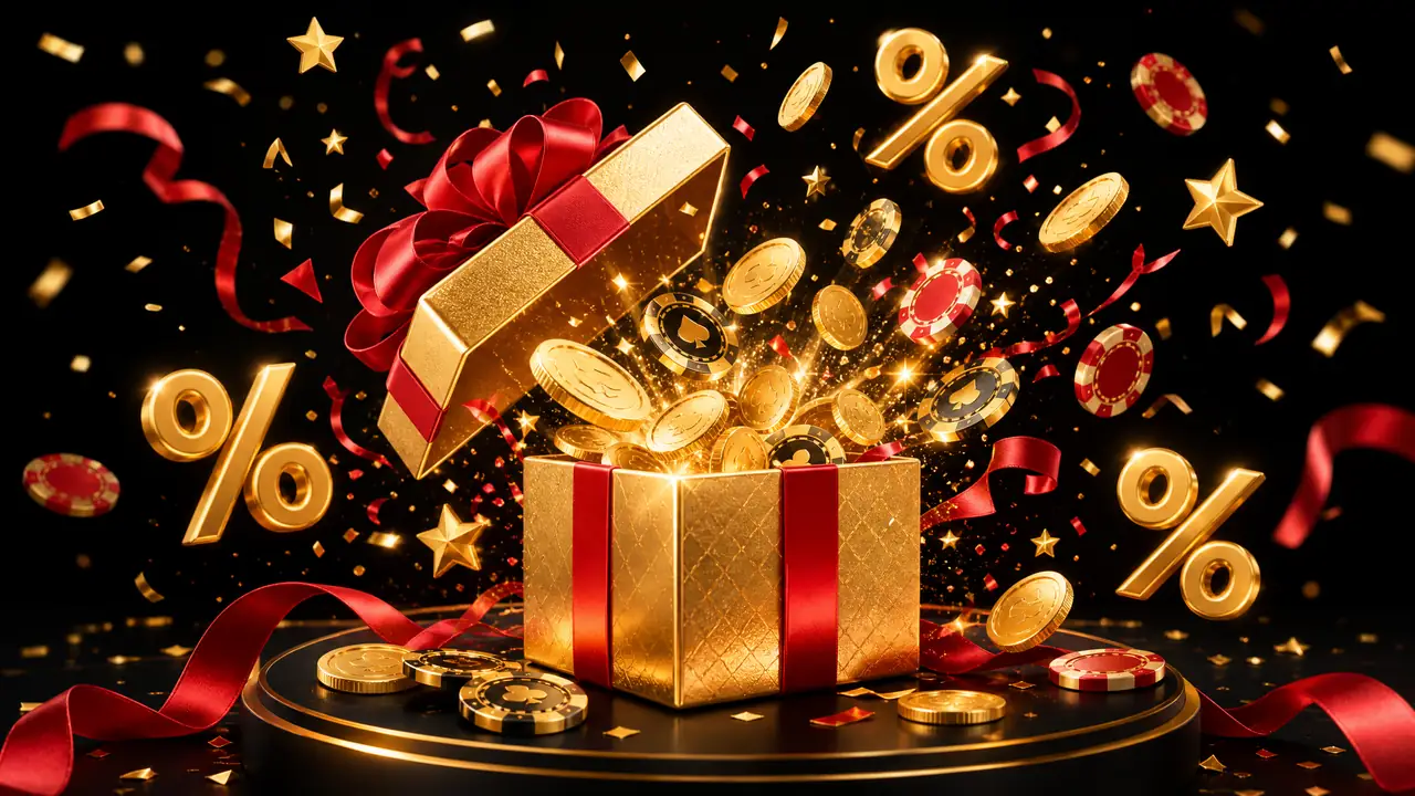 Kotak hadiah emas dengan koin dan chip bonus